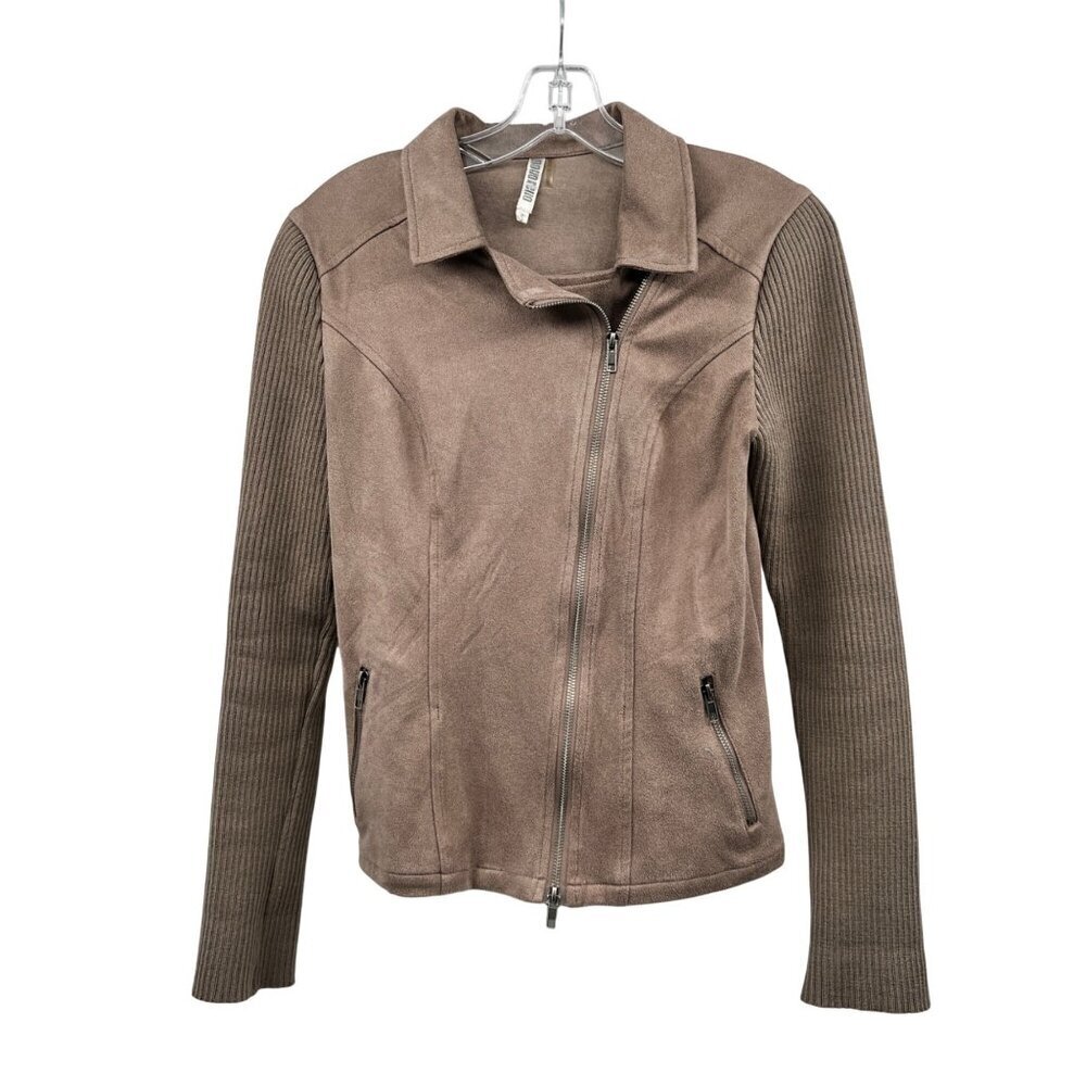 Monoreno Womens Faux Suede Moto Jacket Mixed Media Zip Up Stone Size Small